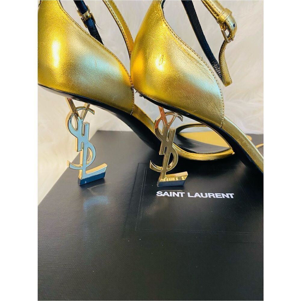 🛍️Saint Laurent Authentic Metallic Gold YSL Logo Ankle-Strap Heels